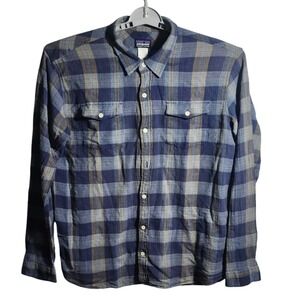 Patagonia Organic Cotton L Plaid Shirt Mens Button Down Lightweight Blue‎ flaw